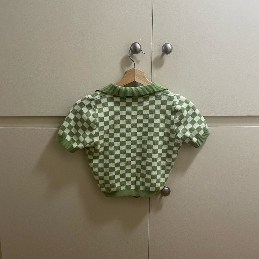Hesperus Green Checkered Collared Crop Top Sweater Short Sleeve (Size M) - Picture 7 of 8